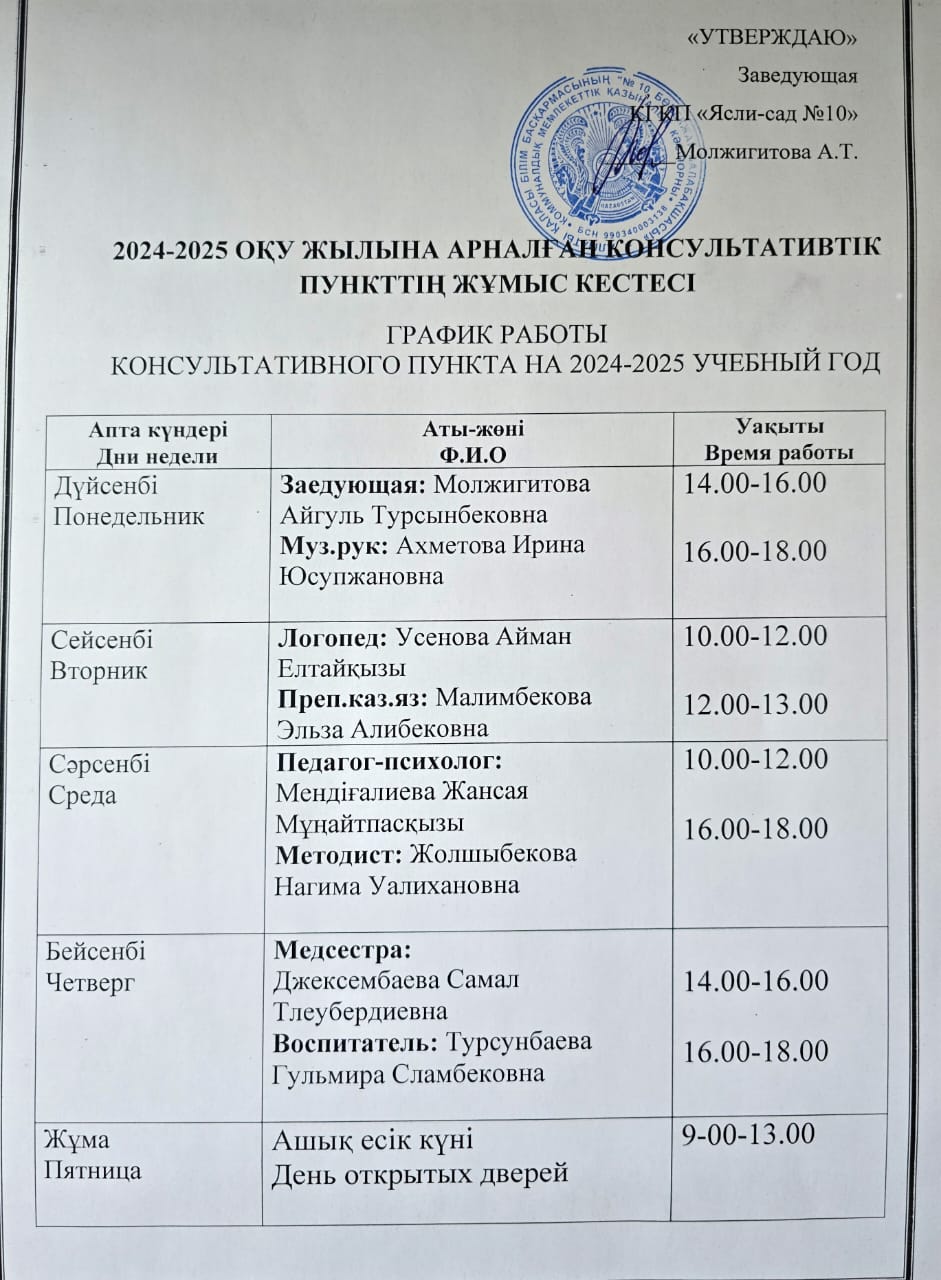 2024-2025 оқу жылына арналған консультативтік пункттің жұмыс кестесі/ График работы консультативного пункта на 2024-2025 учебный год